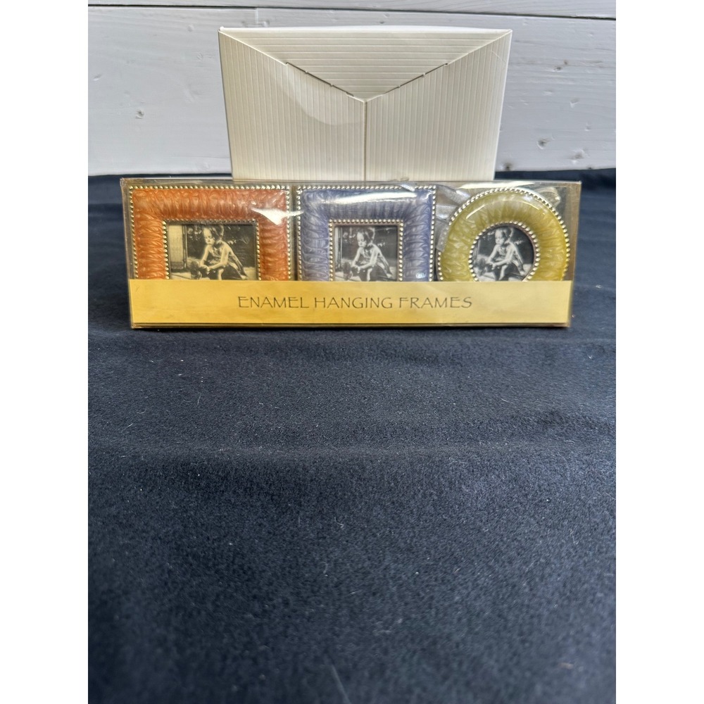 World Market Enamel Hanging Frames Set 3 Mini Square Round Orange Purple Green